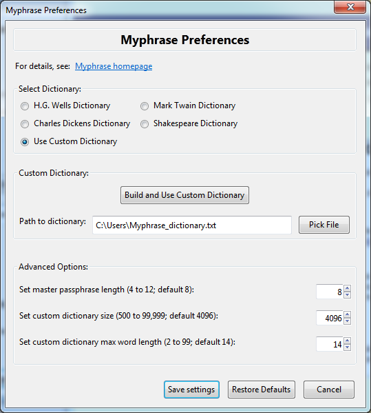 Myphrase Preferences Dialog